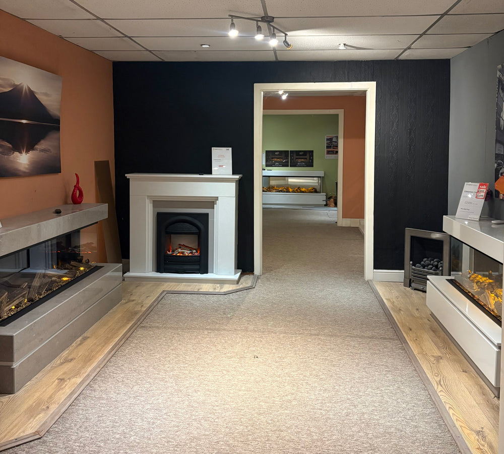 Fireplace and media wall displays inside the Bristol showroom