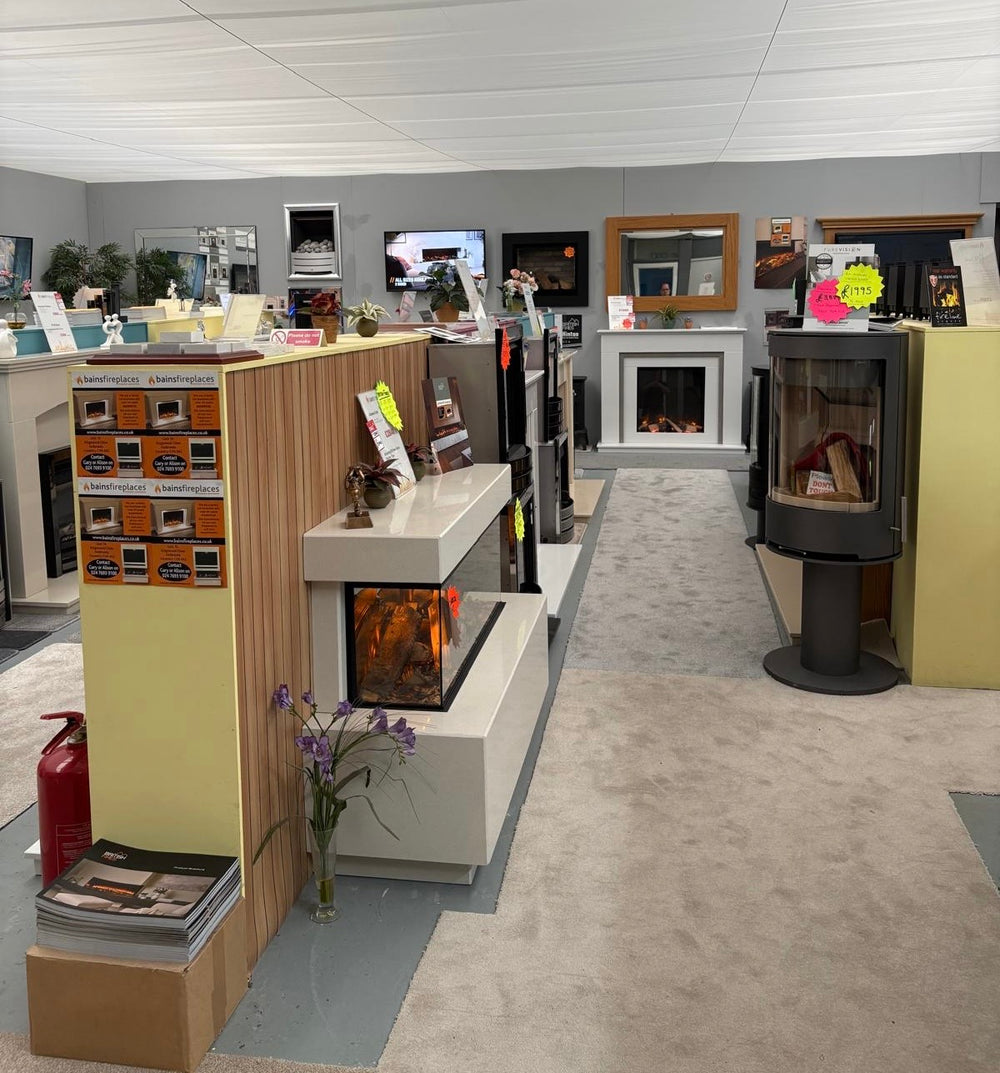 Stove and fireplace displays inside the Coventry showroom