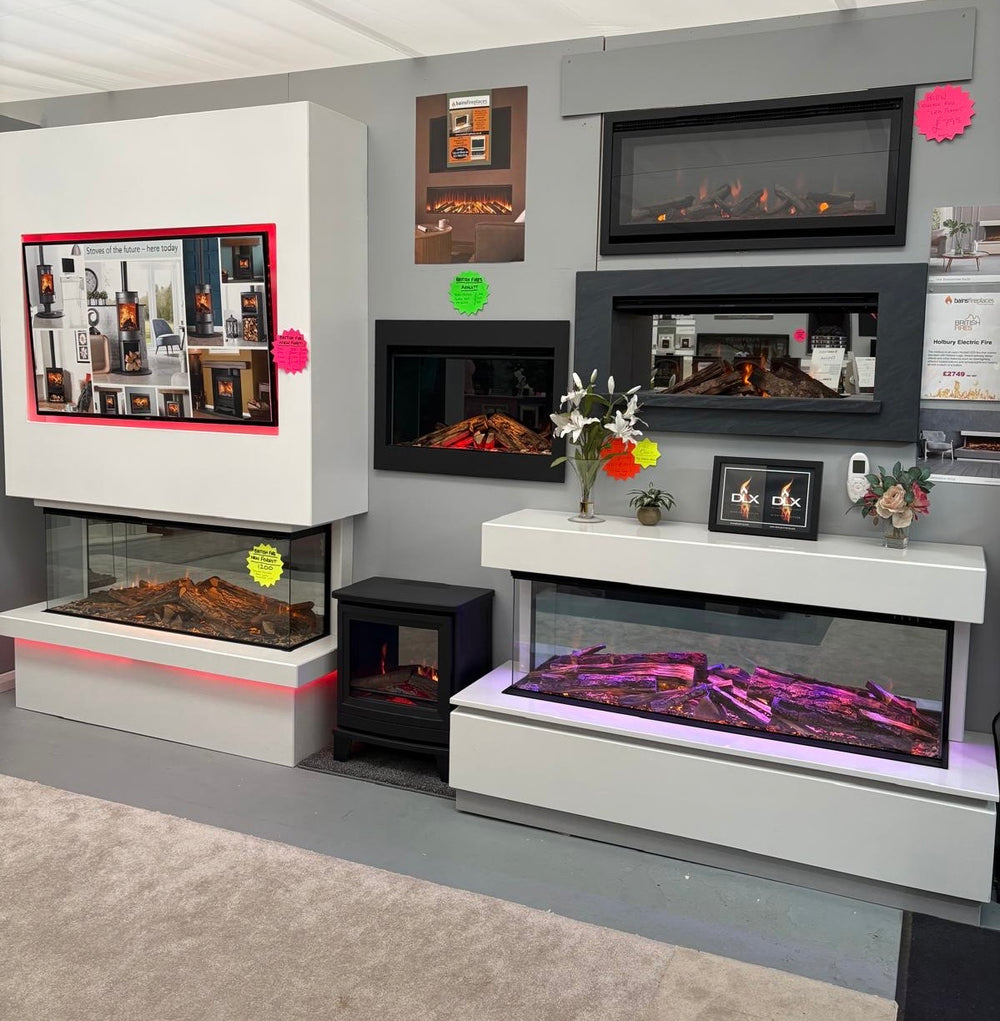 Wall-mounted electric fire displays inside the Coventry showroom