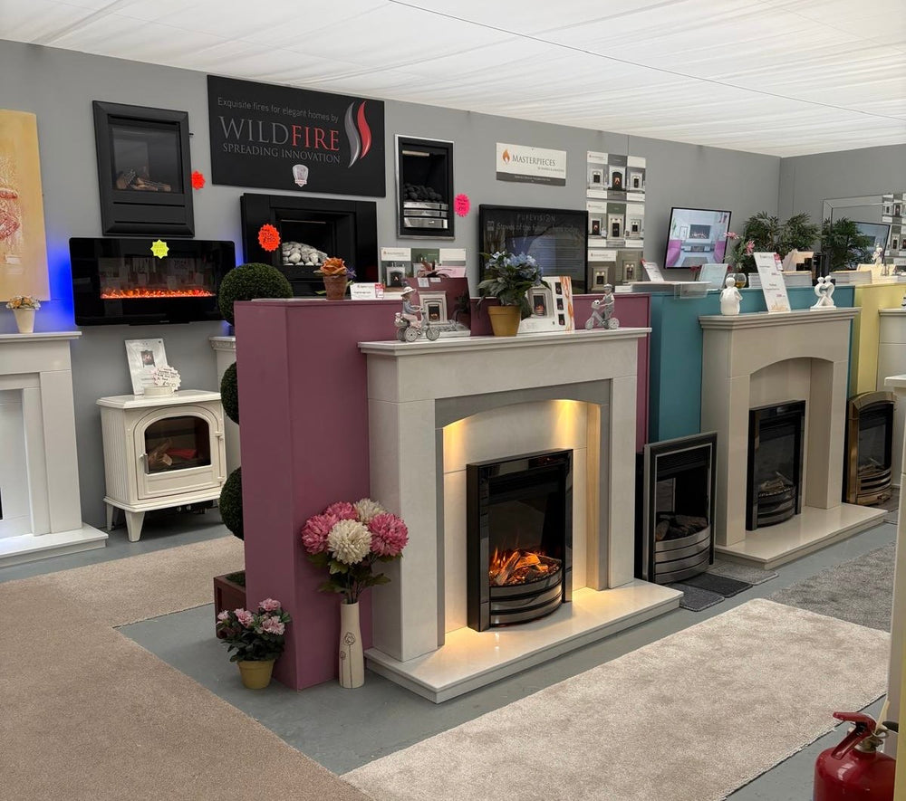Freestanding fireplace displays inside the Coventry showroom
